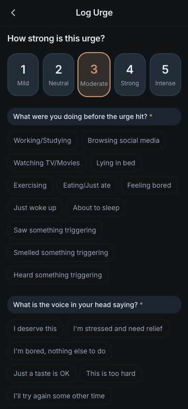 Urge Logging app screen